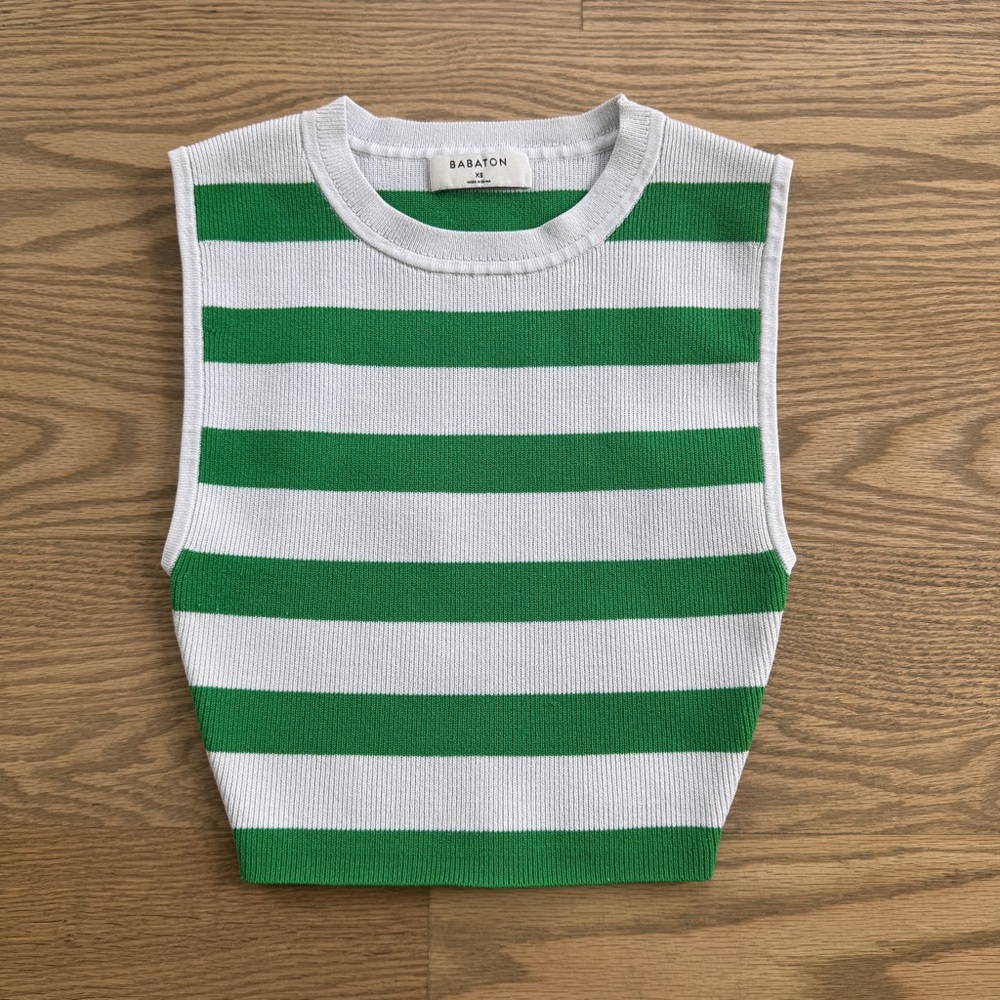 Babaton Green and White Striped Tank Top with Crew Neck